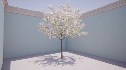Obraz premium Glowing Clean Tree with White Blossoms in Minimalist Space Symbolizing Peace and Tranquility