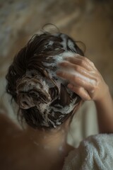 Naklejka premium Woman washing hair with shampoo in shower, enjoying self-care routine, relaxing bath time, personal grooming, healthy hair care practices.