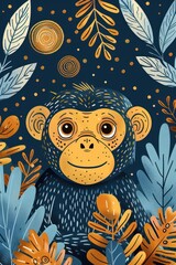 Fototapeta premium A whimsical illustration of a cheerful monkey surrounded by colorful foliage.