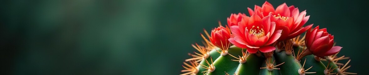 Fototapeta premium Red blooms burst forth from the stem of a mature cactus, floral, bloom, succulent