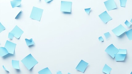 Light blue sticky notes scattered on white background.