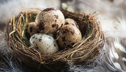 Obraz premium Close-up of speckled quail eggs resting in a natural bird’s nest, surrounded by soft feathers, creating a serene and delicate natural scene.