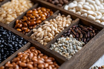 Obraz premium This captivating image displays a vibrant array of assorted seeds contained in a rustic wooden holder, emphasizing their unique colors and potential for culinary creativity and nutrition.