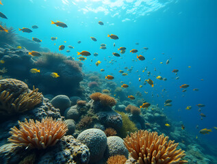 Obraz premium A mesmerizing underwater world with a diverse array of colorful fish swimming through a thriving coral reef teeming with marine life and crystal-clear water.