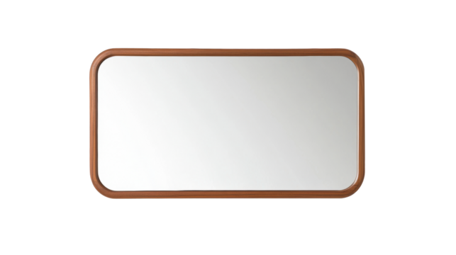 Rectangular mirror with teak wood frame, showcasing mid century modern design. Perfect for enhancing any space with elegance and style