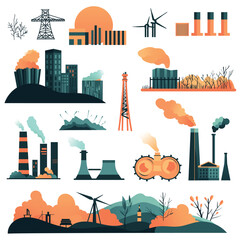 Illustrations of Industrial Objects and Environmental Elements: A Collection for pollution