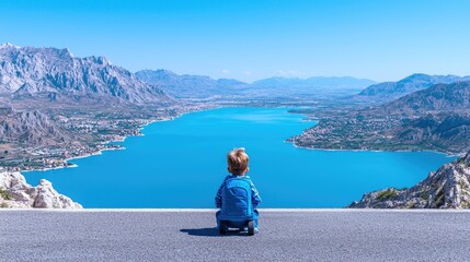 Fototapeta premium Young boy sits on the edge of a scenic overlook, gazing at a vast blue lake surrounded by majestic mountains on a sunny day.