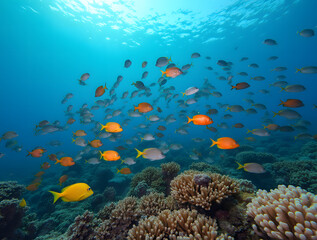 Obraz premium A mesmerizing underwater world with a diverse array of colorful fish swimming through a thriving coral reef teeming with marine life and crystal-clear water.