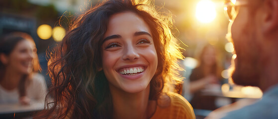Diverse Group of Friends Laughing Joyfully at an Outdoor Café, Golden Sunlight
