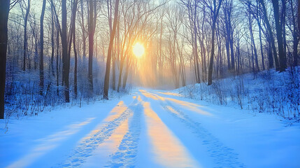 Obraz premium Winter Sunrise Forest Path Illustration