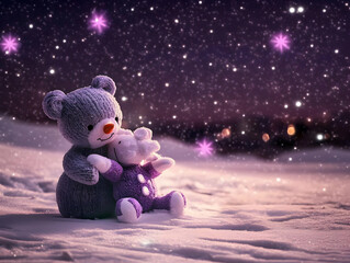 Winter Night Illustration: Teddy Bears in Snow