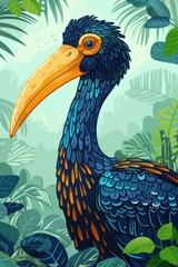 Obraz premium A vibrant illustration of a colorful bird surrounded by lush tropical foliage.
