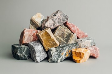 Pile of various colorful rocks and minerals on gray surface