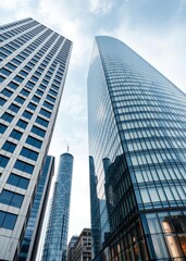 A low angle view of modern buildings in london the buildings are tall and sleek with a gray and blue color scheme skyscraper city building skyscraper downtown business architecture cityscape