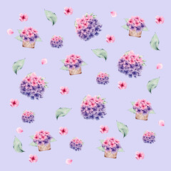 Pattern with hydrangea flowers in a basket, individual flowers and petals, leaves on a violet background.