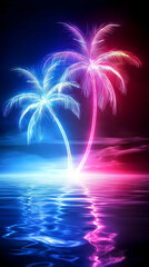 Obraz premium Neon Palm Trees Ocean Night Abstract Background