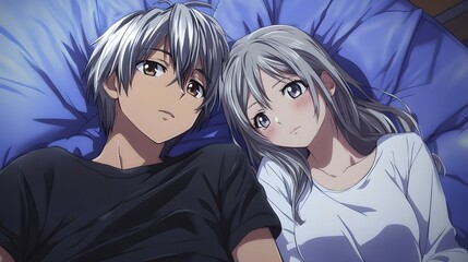 An anime-style depiction of a boy with silver hair and brown eyes lying in bed next to a long-haired gray-haired girl
