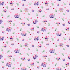 Pattern with hydrangea flowers in a basket, individual flowers and petals, leaves on a pink background.
