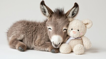 Happy birthday celebration on a farm with a baby donkey and stuffed animal joyful environment heartwarming scene