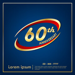 60th years anniversary celebration emblem. elegance anniversary golden logo with red ring on blue background. vector illustration template design for web, flyers, poster, greeting card