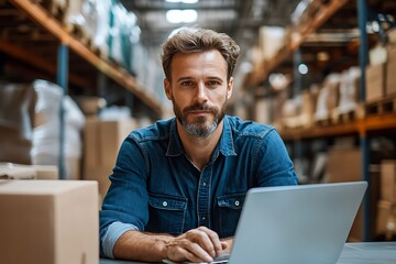 Warehouse worker using laptop