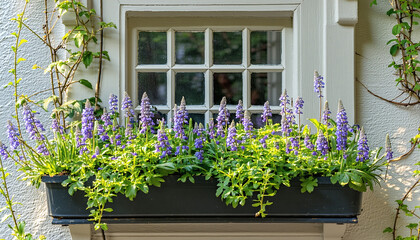 Butterwort near the house,  Butterwort flowers blooming vibrantly by the window, showcasing a cheerful atmosphere.