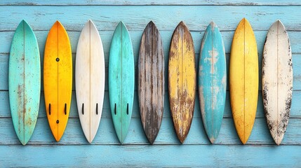 Colorful surfboards arranged against a rustic blue wooden wall in bright coastal setting
