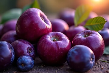 Obraz premium Close-up of Purple Apples and Plums, Fresh Fruits
