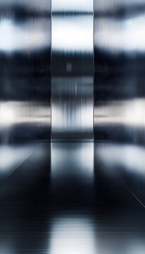 Abstract metallic corridor with symmetrical reflection and vertical lines