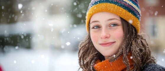 Teen girl smiling outdoors in winter snow wearing colorful hat scarf enjoying holidays cheerful mood lifestyle fun happiness.