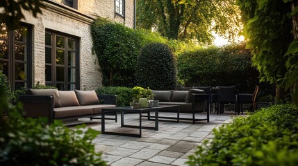 Obraz premium Serene outdoor patio with modern furniture surrounded by lush greenery
