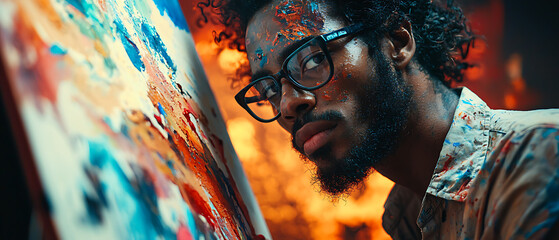 Artist Immersed in Painting, Vivid Brush Strokes, Intense Focus