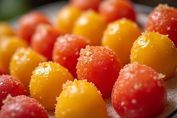 Close-up of sugared cherry tomatoes, red and yellow, ready for cooking or snacking.