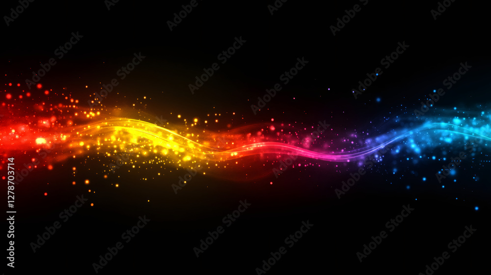 Poster Luminous color wave surging across dark backdrop, sparkling particles dancing, generating energetic visual movement