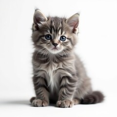 Obraz premium A fluffy gray kitten sits on a pure white background , studio, whiskers, animal photography