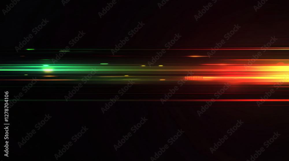 Poster Luminous horizontal streaks streaming across dark surface, generating intense motion and energetic visual pattern