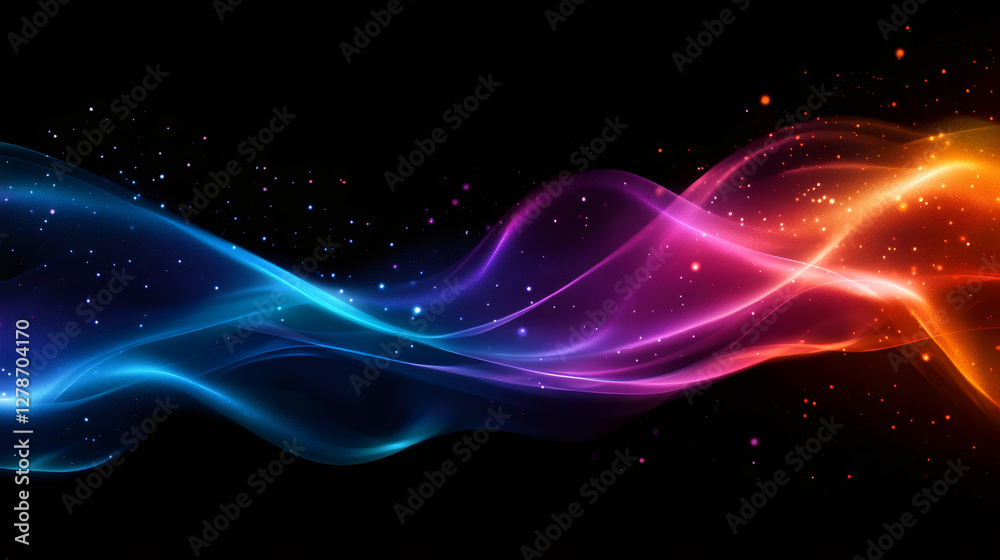 Aufkleber Abstract colorful waves flowing on black background with glowing particles creating a mesmerizing and vibrant visual effect