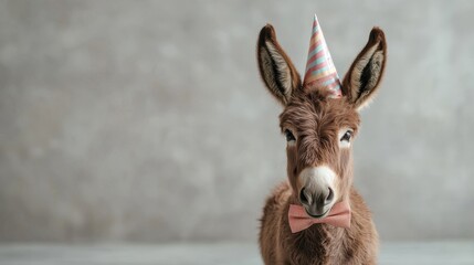 Fototapeta premium Happy birthday celebration at the farm featuring a donkey in a bowtie festive atmosphere playful environment
