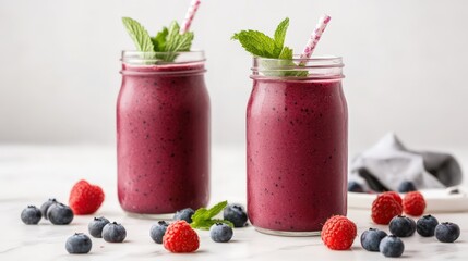 Refreshing berry smoothies in glass jars with mint leaves