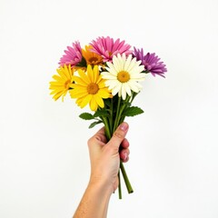 A hand holds a bunch of wildflowers against a white background , soft, vintage