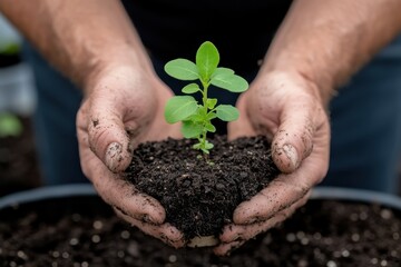 A close-up shot of hands carefully holding a seedling and soil, emphasizing the nurturing aspect of planting and the connection to nature's cycle of life.
