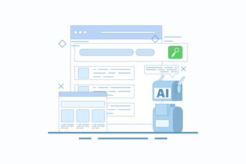 AI powered search results concept, Artificial intelligence integrated with search engine, AI search results, content based title, landing page, flat vector illustration in background.