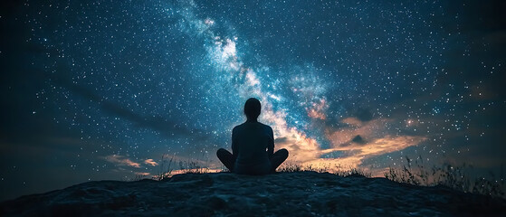 Person Sitting on a Hill at Night, Gazing at a Breathtaking Star-Filled Sky
