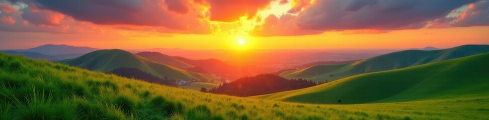 Obraz premium Blazing sunrise over lush green hills, bursting with color , nature, view