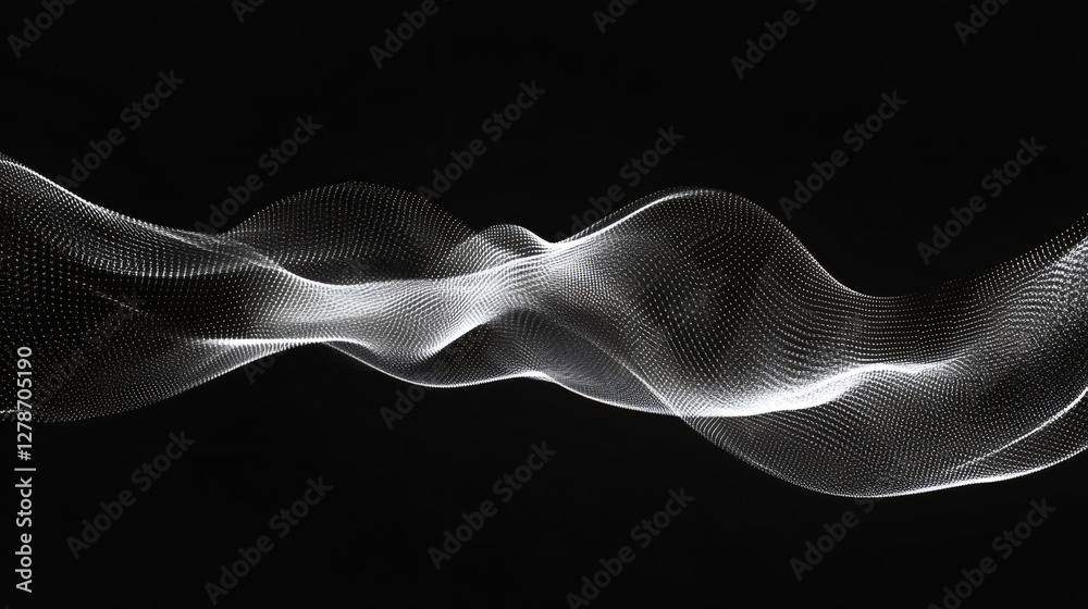 Poster Digital particles forming white wavy patterns flowing dynamically across dark background, representing technological elegance and motion