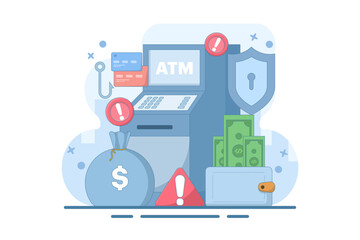 ATM security warning and protection concept. ATM or ATM machine. prevention of money theft at ATM machines. technology and finance. flat vector illustration on background.