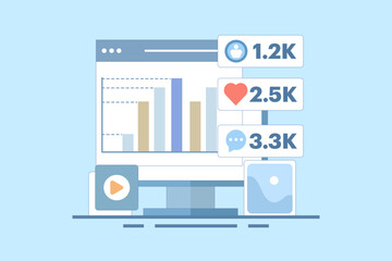 Audience engagement analysis concept, Social media post engagement analysis, Digital marketing report, Increase post engagement ratio with infographics. Vector illustration background with icons.