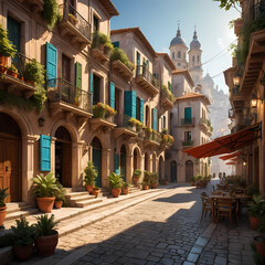 Sunny Mediterranean street with flowers old houses warm village / Calle mediterránea soleada con flores casas antiguas pueblo cálido