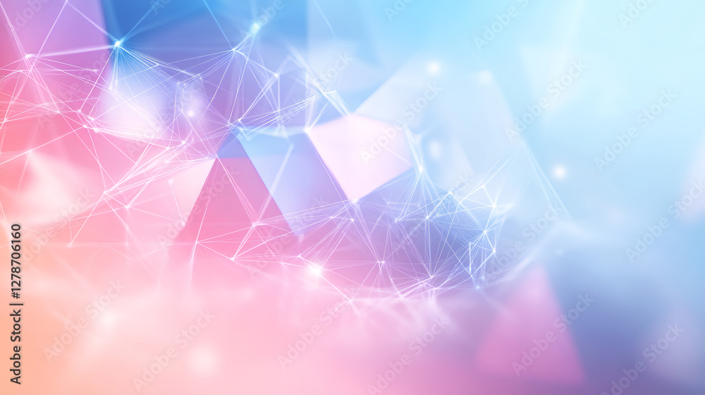 Poster Plexus network of lines and dots creating a futuristic geometric pattern over a pastel pink and blue gradient background