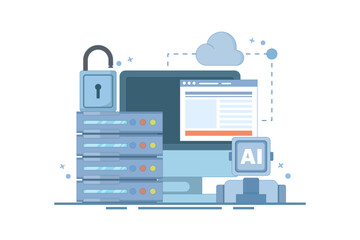 Cloud Server AI Service Concept, AI hosted on cloud server, Cloud hosting, cloud API for artificial intelligence, cloud computing technology, data network management. flat vector illustration.